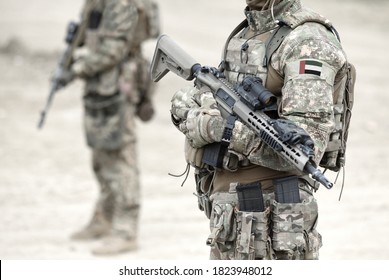 Soldiers With Machine Gun And Flag Of United Arab Emirates (UAE) On Military Uniform. Collage. 