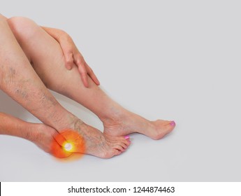 Sole Of The Foot With Red Damaged Points. Senior Woman. Health And Heel Pain Concept