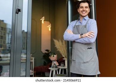 Sole Proprietor Man Glad To Greet Customers Next To The Door His Shop