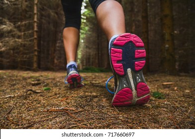 Sole Of Running Shoe In Dark Forest - Run, Sport Active Concept Photo