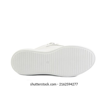 Sole For Shoes, Bottom View. White Shoe Sole Close-up Isolated On White Background. Place For Text. Element Of Boots. Concept Of Production Of Shoe Accessories.