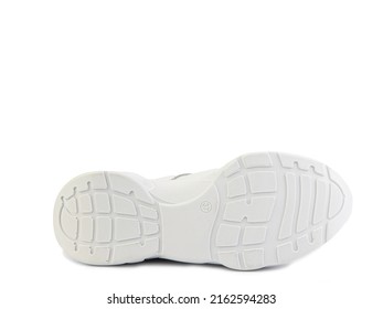 Sole For Shoes, Bottom View. White Shoe Sole Close-up Isolated On White Background. Place For Text. Element Of Boots. Concept Of Production Of Shoe Accessories.