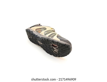 Sole Of Water Shoe For Men With Traction On Multiple Surfaces Isolated On White Background. Khaki Orange Water Shoe With Quick Drying Synthetic Leather