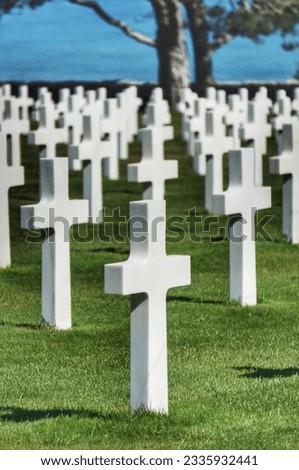 The solemnity of Colleville American Cemetery in Normandy, where rows of white crosses pay tribute to the fallen soldiers of World War II.
