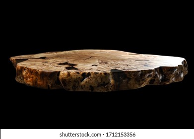 Solid elm countertop. Wood surface cross section of elm tree. Live slab. Isolated on a black. Woodworking, carpentry production. Furniture manufacture. Wooden table with epoxy resin filling.