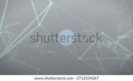 Solid light blue circle is floating in flat design technology network graph with glowing cyan nodes. Abstract, digital, connectivity, futuristic, technology, visualization, innovation