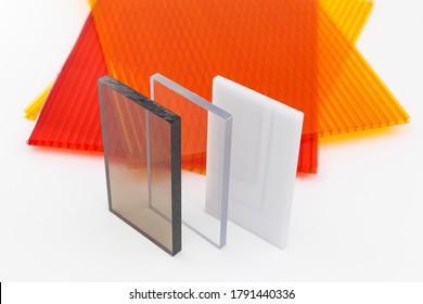 Solid Polycarbonate Sheet. Brown and transparent. Acrylic Plastic glass. Colored pc sheet on background