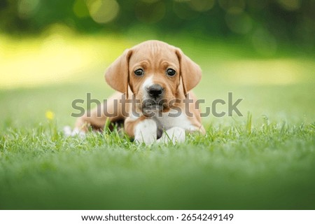 solid red english pointer puppy lying on grass