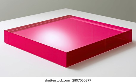 A solid, vibrant magenta acrylic block with sharp edges, casting a subtle reflection on a clean white surface.