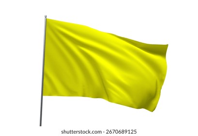 a solid yellow flag waving on a flagpole, isolated on a clean white background.