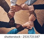 Solidarity, holding or hands of business people with diversity for group support or teamwork in office. Community, link or above group of employees with mission or team building for goals together