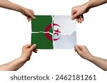 Solidarity and togetherness in Algeria, people helping each other, Algeria flag on 4 paper pieces, unity and help idea, support and charity concept, union of society
