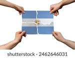 Solidarity and togetherness in Argentina, people helping each other, Argentina flag on 4 paper pieces, unity and help idea, support and charity concept, union of society