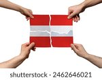 Solidarity and togetherness in Austria, people helping each other, Austria flag on 4 paper pieces, unity and help idea, support and charity concept, union of society