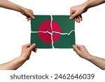 Solidarity and togetherness in Bangladesh, people helping each other, Bangladesh flag on 4 paper pieces, unity and help idea, support and charity concept, union of society