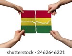 Solidarity and togetherness in Bolivia, people helping each other, Bolivia flag on 4 paper pieces, unity and help idea, support and charity concept, union of society