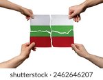 Solidarity and togetherness in Bulgaria, people helping each other, Bulgaria flag on 4 paper pieces, unity and help idea, support and charity concept, union of society