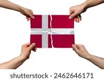 Solidarity and togetherness in Denmark, people helping each other, Denmark flag on 4 paper pieces, unity and help idea, support and charity concept, union of society