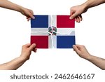 Solidarity and togetherness in Dominican Republic, people helping each other, Dominican Republic flag on 4 paper pieces, unity and help idea, support and charity concept, union of society