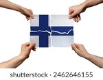 Solidarity and togetherness in Finland, people helping each other, Finland flag on 4 paper pieces, unity and help idea, support and charity concept, union of society