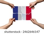 Solidarity and togetherness in France, people helping each other, France flag on 4 paper pieces, unity and help idea, support and charity concept, union of society