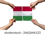 Solidarity and togetherness in Hungary, people helping each other, Hungary flag on 4 paper pieces, unity and help idea, support and charity concept, union of society