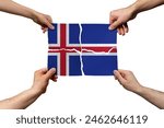 Solidarity and togetherness in Iceland, people helping each other, Iceland flag on 4 paper pieces, unity and help idea, support and charity concept, union of society
