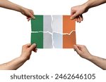 Solidarity and togetherness in Ireland, people helping each other, Ireland flag on 4 paper pieces, unity and help idea, support and charity concept, union of society