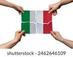 Solidarity and togetherness in Italy, people helping each other, Italy flag on 4 paper pieces, unity and help idea, support and charity concept, union of society