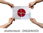 Solidarity and togetherness in Japan, people helping each other, Japan flag on 4 paper pieces, unity and help idea, support and charity concept, union of society