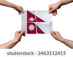 Solidarity and togetherness in Nepal, people helping each other, Nepal flag on 4 paper pieces, unity and help idea, support and charity concept, union of society