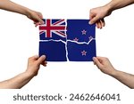 Solidarity and togetherness in New Zealand, people helping each other, New Zealand flag on 4 paper pieces, unity and help idea, support and charity concept, union of society