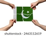 Solidarity and togetherness in Pakistan, people helping each other, Pakistan flag on 4 paper pieces, unity and help idea, support and charity concept, union of society