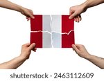 Solidarity and togetherness in Peru, people helping each other, Peru flag on 4 paper pieces, unity and help idea, support and charity concept, union of society