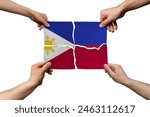 Solidarity and togetherness in Philippines, people helping each other, Philippines flag on 4 paper pieces, unity and help idea, support and charity concept, union of society