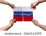 Solidarity and togetherness in Russia, people helping each other, Russia flag on 4 paper pieces, unity and help idea, support and charity concept, union of society