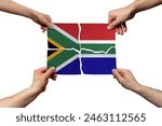 Solidarity and togetherness in South Africa, people helping each other, South Africa flag on 4 paper pieces, unity and help idea, support and charity concept, union of society