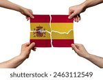 Solidarity and togetherness in Spain, people helping each other, Spain flag on 4 paper pieces, unity and help idea, support and charity concept, union of society