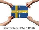 Solidarity and togetherness in Sweden, people helping each other, Sweden flag on 4 paper pieces, unity and help idea, support and charity concept, union of society