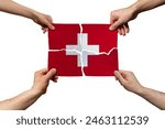 Solidarity and togetherness in Switzerland, people helping each other, Switzerland flag on 4 paper pieces, unity and help idea, support and charity concept, union of society