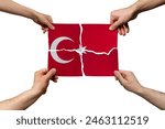 Solidarity and togetherness in Turkey, people helping each other, Turkey flag on 4 paper pieces, unity and help idea, support and charity concept, union of society