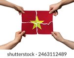 Solidarity and togetherness in Vietnam, people helping each other, Vietnam flag on 4 paper pieces, unity and help idea, support and charity concept, union of society