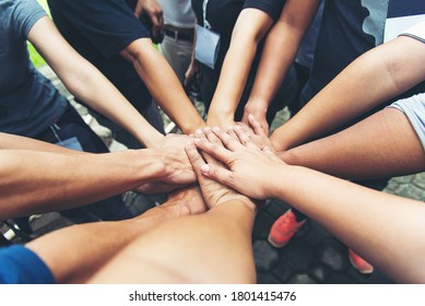 Solidarity Unite People Hands Together Community Teamwork. Hands Of Spirit Team Working Together Outdoor. Unity Strong Handshake With People Or Agreement Of Feeling Or Happy Diverse Education Action