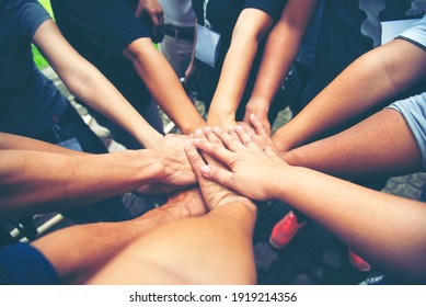 Solidarity Unite People Hands Together Community Teamwork. Hands Of Spirit Team Working Together Outdoor. Unity Strong Handshake With People Or Agreement Of Feeling Or Happy Diverse Education Action