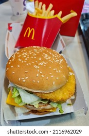 SOLIHULL, WEST MIDLANDS, UK FEBRUARY 02, 2022: Limited Edition McDonald's Chicken Big Mac With Fries