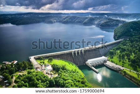 The Solina Dam aerial view, largest dam in Poland located on lake Solinskie. Hydroelectric power plant in Solina of Lesko County in the Bieszczady Mountains area of south-eastern Poland.