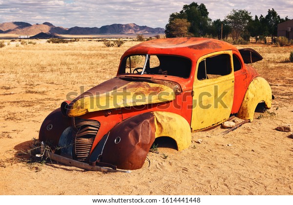 Solitaire, Namibia 04-29-2017 illustrative\
editorial. Abandoned car at Solitaire in Khomas region, near the\
Namib Naukluft national\
park.