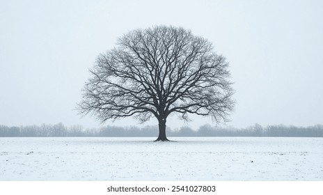 A solitary, bare tree stands prominently in a snow-covered field beneath a gray winter sky, evoking a sense of tranquility and solitude in nature. - Powered by Shutterstock