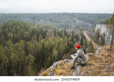 A solitary figure, bundled up in warm clothing, sits quietly on a rocky ledge, savoring the breathtaking view of a thick, lush green forest stretched out beneath gray, moody skies - Powered by Shutterstock