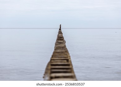 Solitary Figure on Endless Pier Extending into Calm Sea Minimalist Landscape - Powered by Shutterstock